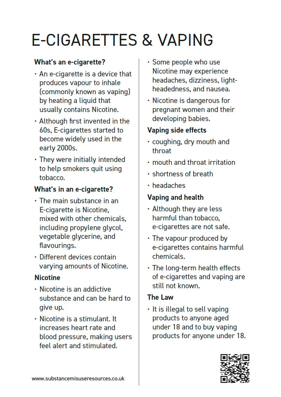 reverse of vaping health information card
