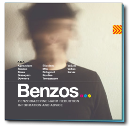 The word Benzos on an image of a benzodiazepine user printed on the cover of a benzodiazepine information booklet