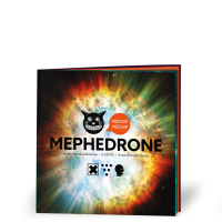 Cover of a Mephedrone drug advice booklet featuring hot sun behind an icon of a cats head with a speed bubble saying meow! Meow!