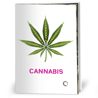 Cover of an 8-page cannabis information pamphlet showing an illustration of a green cannabis leaf with the word 'cannabis' underneath.