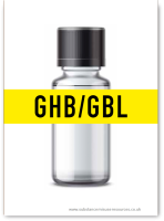 Bottle of GHB with the words GHB on top, printed on a drug information card
