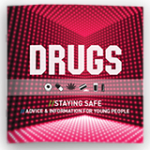Cover of a drug information booklet featuring a cube of red light and row of drug icons including cannabis, cocaine, solvents, alcohol , and ecstasy