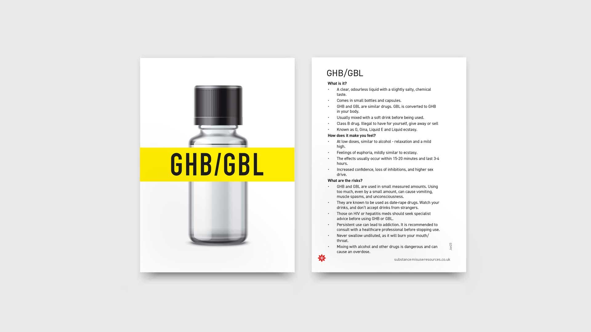 GHB/GBL information resource. GHB bottle on front and GHB information on reverse