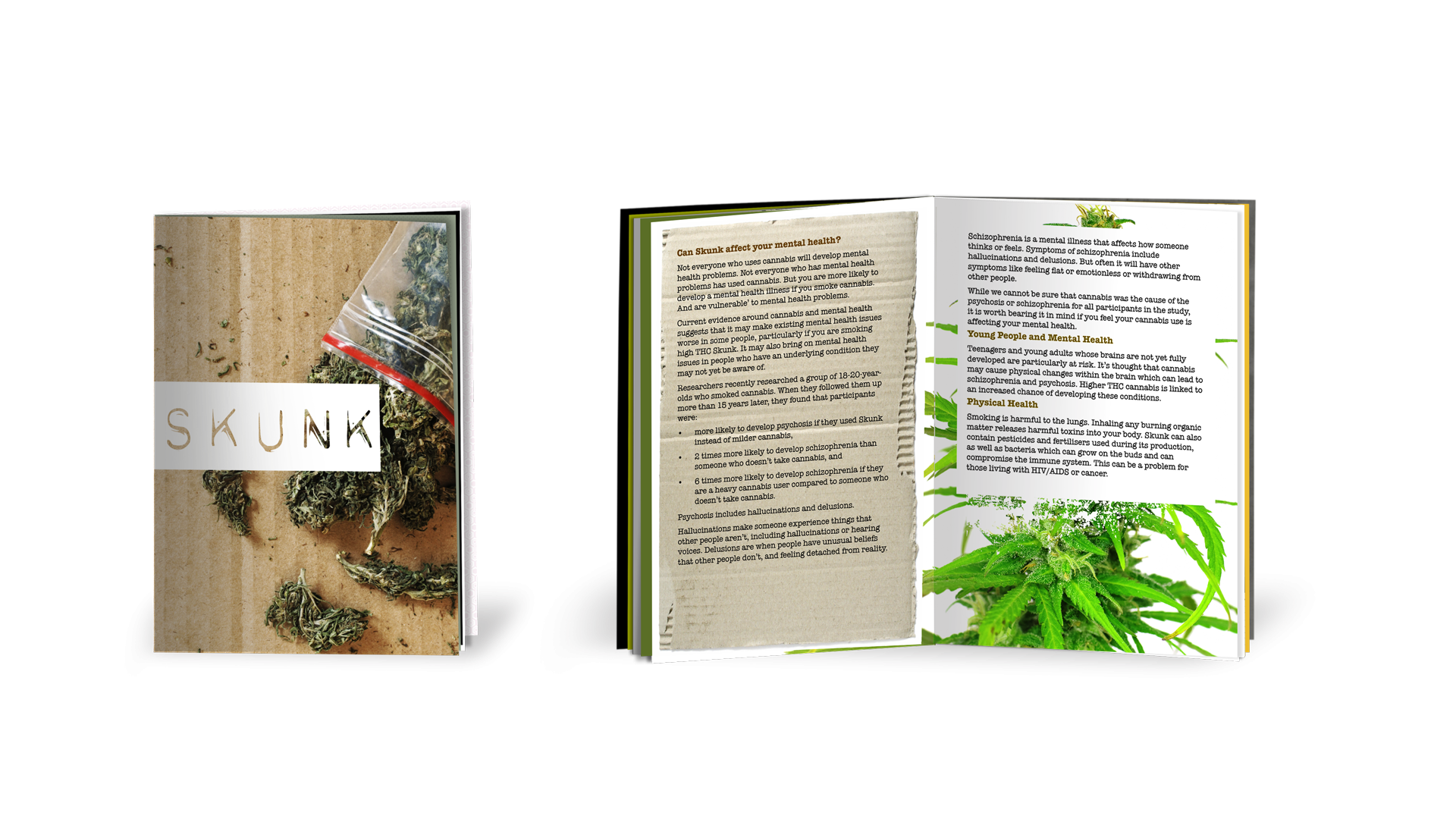 Cover and inside pages of skunk harm reduction booklet. Cover show a bag of skunk cannabis. Inside pages shows a cannabis plant 