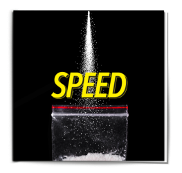 Line of amphetamine powder falling into a clear drug bag underneath the word Speed, on the front of an amphetamine information booklet