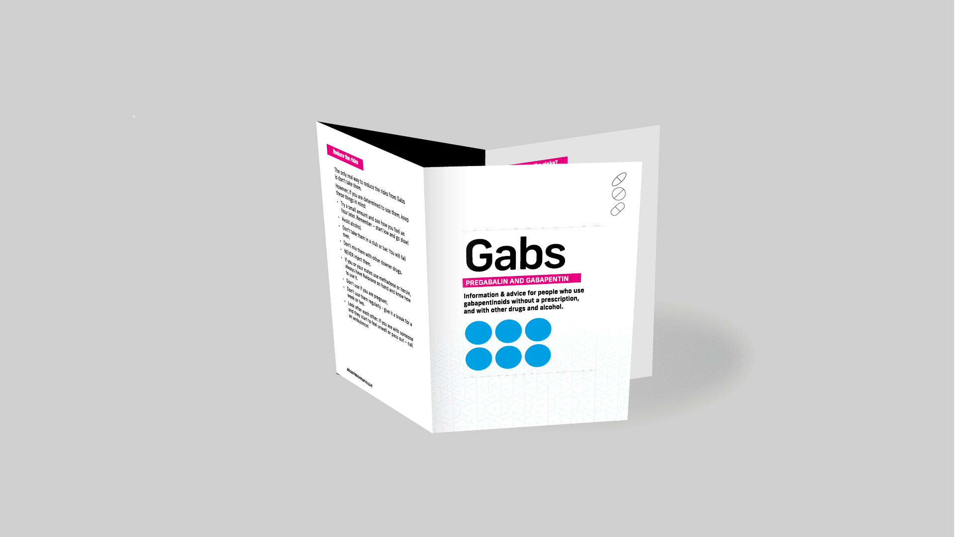 The word Gabs on top of 6 blue dots representing pregabalin and gabapentin, printed on the front of a folded health information harm reduction leaflet