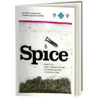 Cover of a spice drug information booklet. The word spice printed above an image of a pile spice