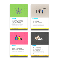 Four posters showing designs for a A3 cannabis poster, cocaine poster, alcohol poster, and NPS poster