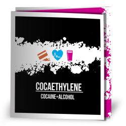 Cover of a cocaethylene harm reduction leaflet, featuring icons of a credit card chipping up cocaine,  heart, and glass of alcoholic beer, all on a black background
