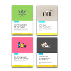 Four posters showing designs for a A3 cannabis poster, cocaine poster, alcohol poster, and NPS poster