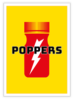 Poppers harm reduction leaflet – red and yellow card with info on effects, risks, and law