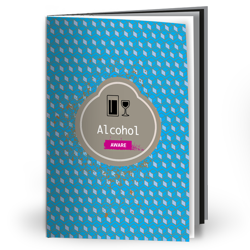 Cover of an alcohol harm reduction booklet, featuring an illustration of a wine and beer glass in a grey circle on a blue background
