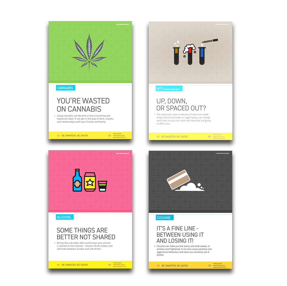 Four posters showing designs for a A3 cannabis poster, cocaine poster, alcohol poster, and NPS poster