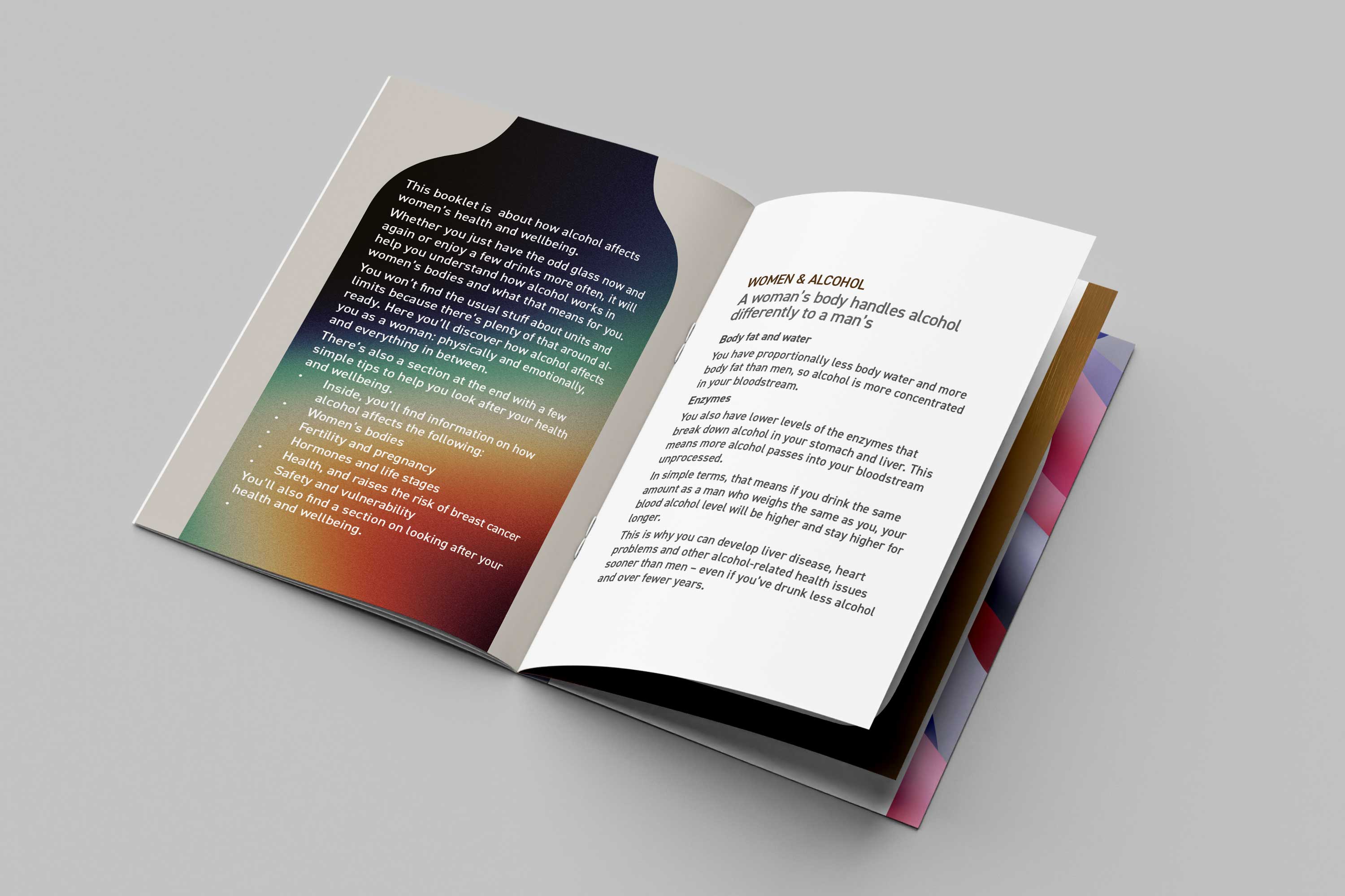 Inside view of the Women and Alcohol booklet explaining how alcohol affects women’s bodies and wellbeing.