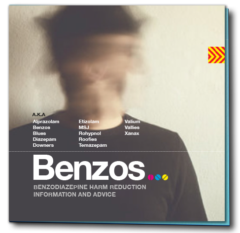 Cover of benzodaizepines harm reduction resource showing a list of  benzodaizepines nd the image of a head
