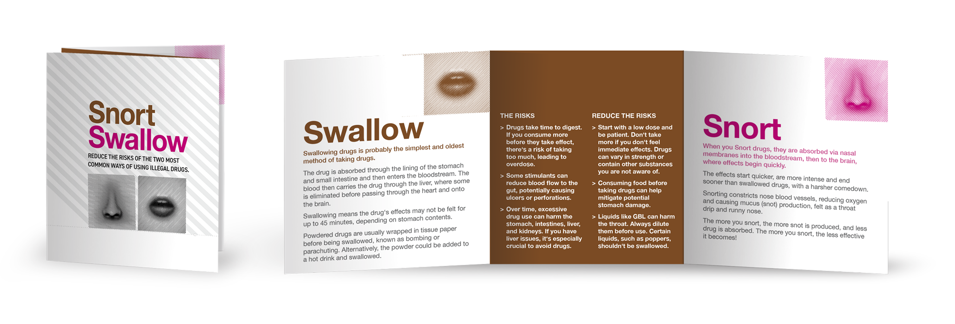 Cover and inside pages of a substance misuse harm reduction leaflet about snorting and swallowing illegal drugs