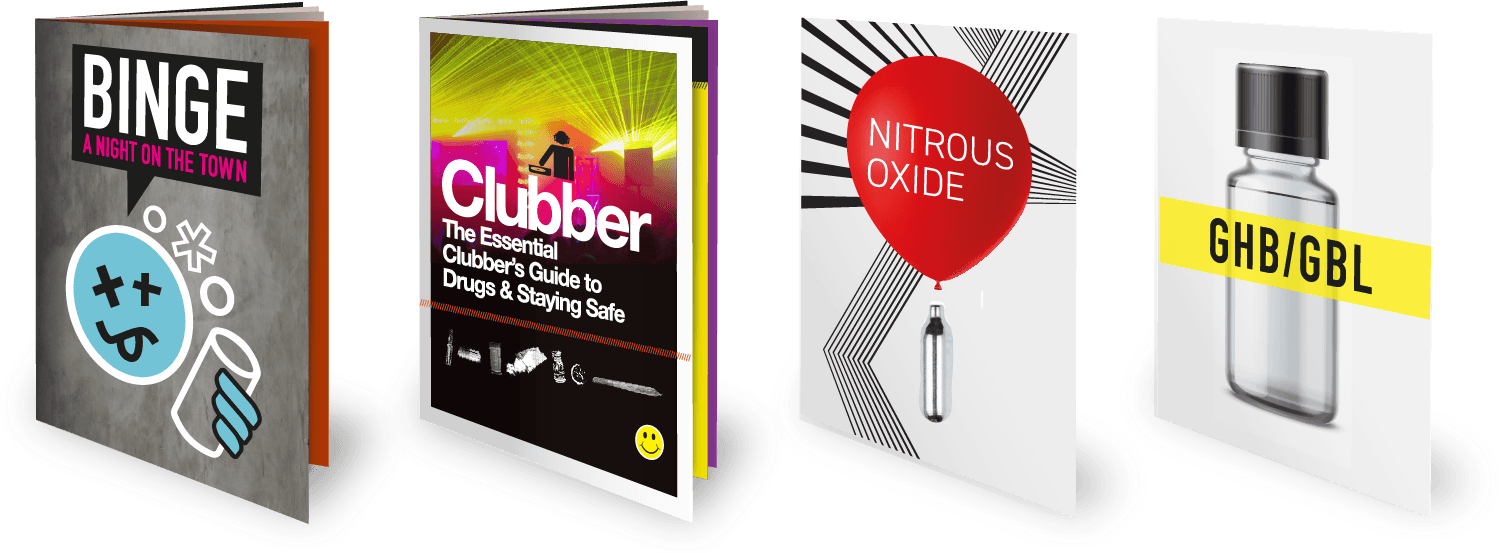 a row of four drug and alcohol booklets:Binge drinking, Clubber's guide, Nirous oxide, GHB
