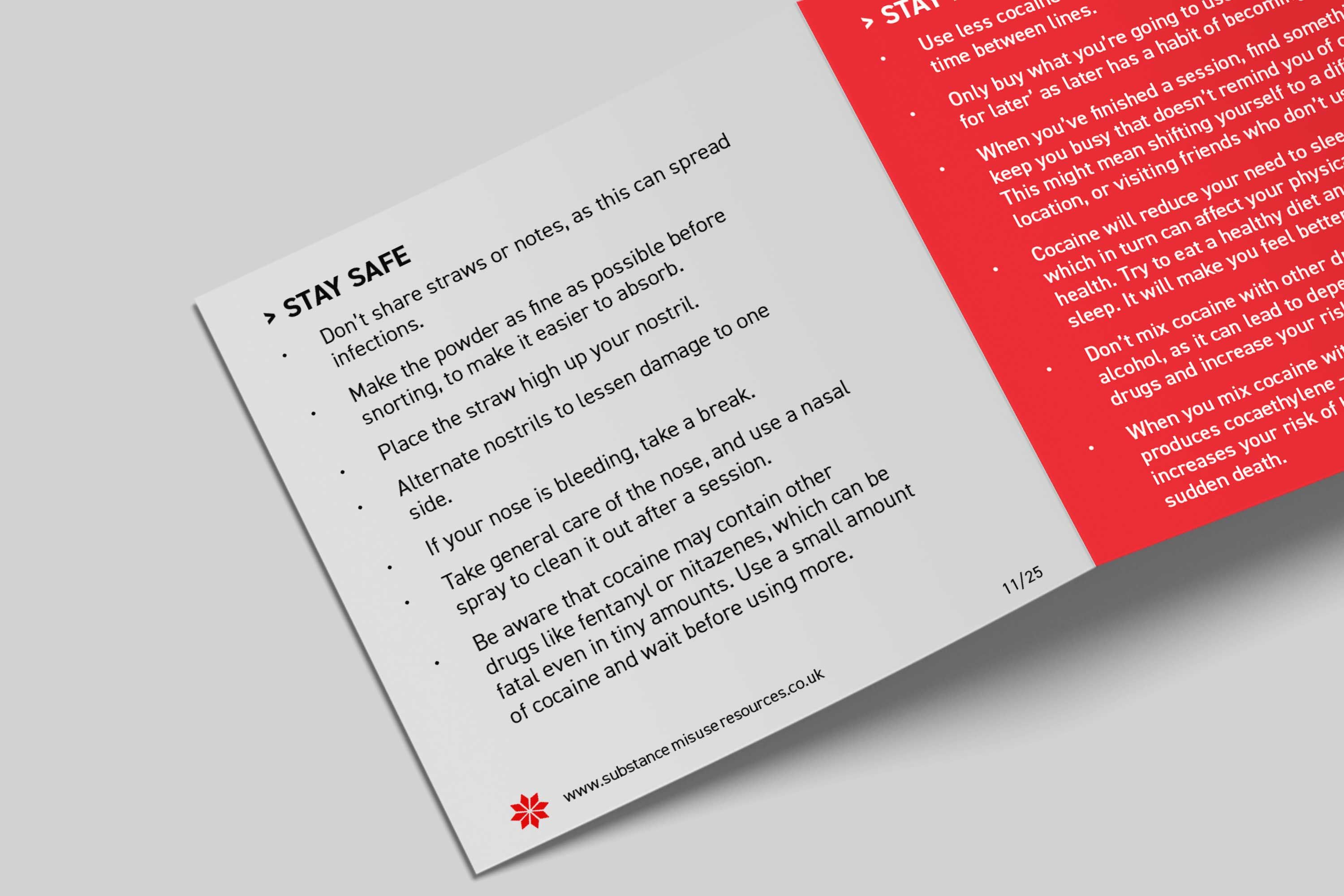 Cocaine harm reduction safety tips panel with advice on reducing infection and overdose risks