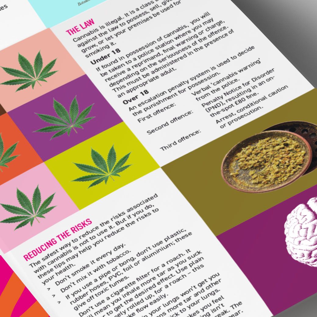 cannabis leaf pattern, cannabis grinder and an information panel about reducing the risks