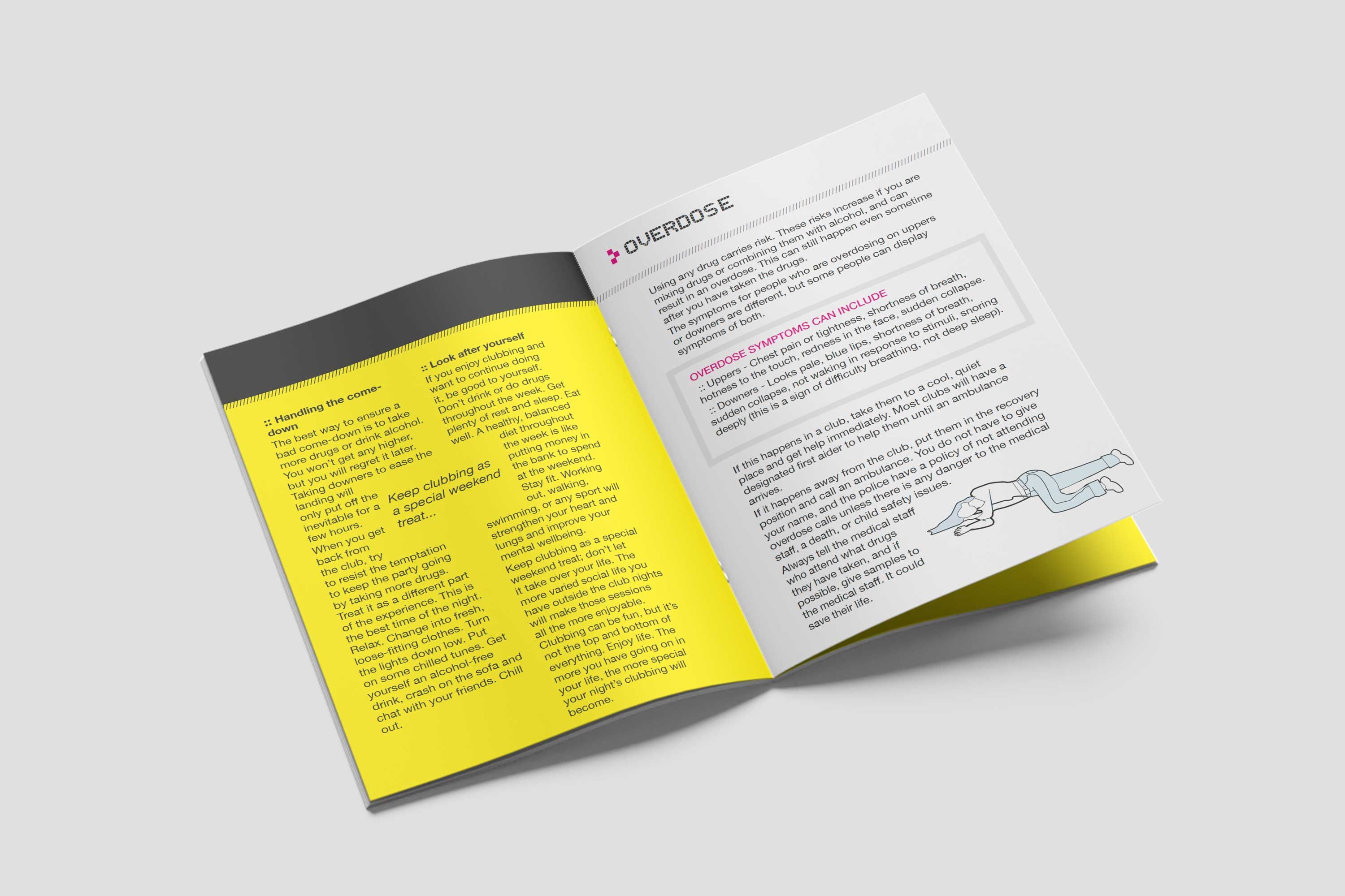 Clubber booklet overdose advice pages explaining symptoms of stimulant and depressant overdoses and emergency response steps.