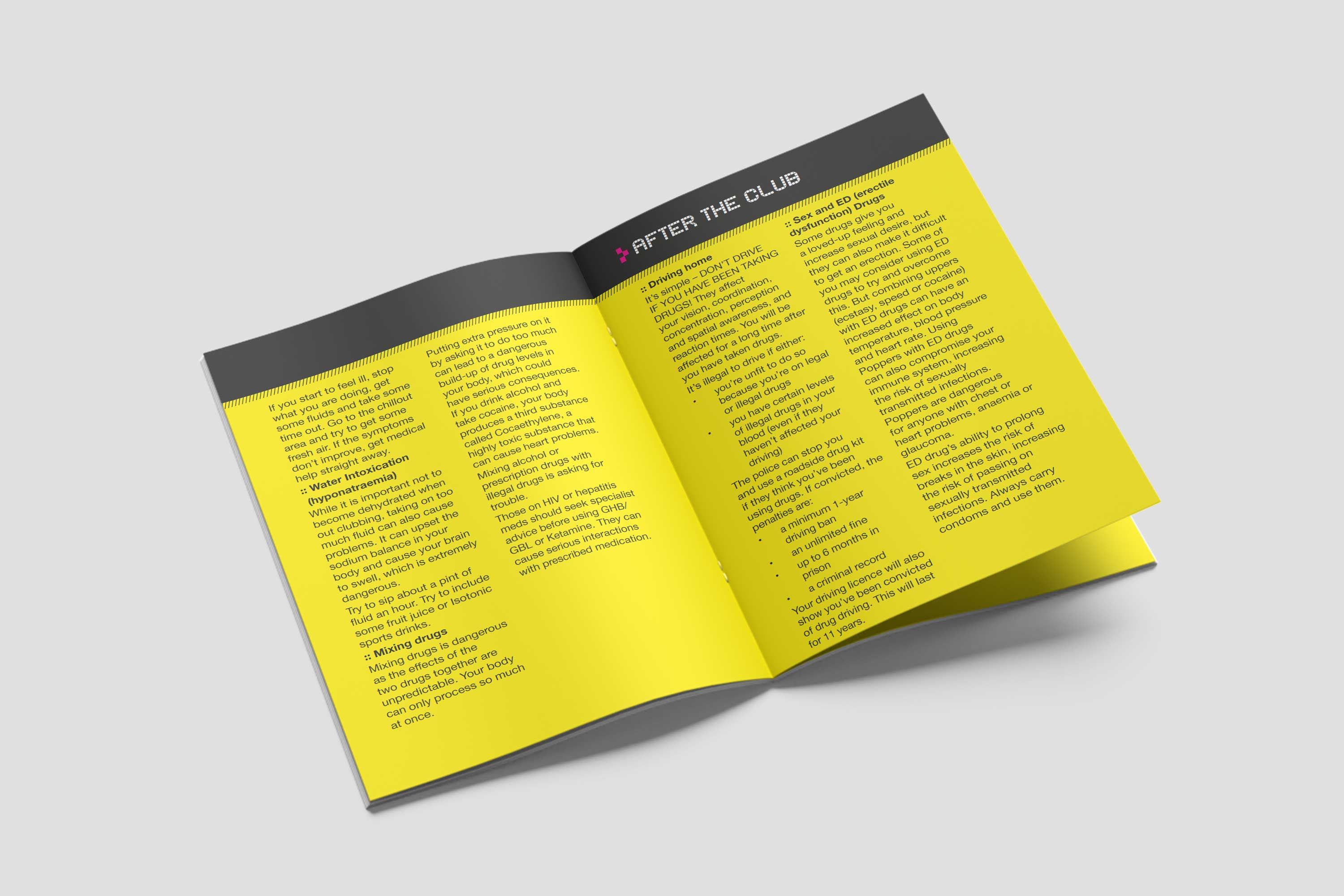After the Club pages from the Clubber booklet with guidance on driving, mixing drugs, ED drugs and staying safe after a night out.