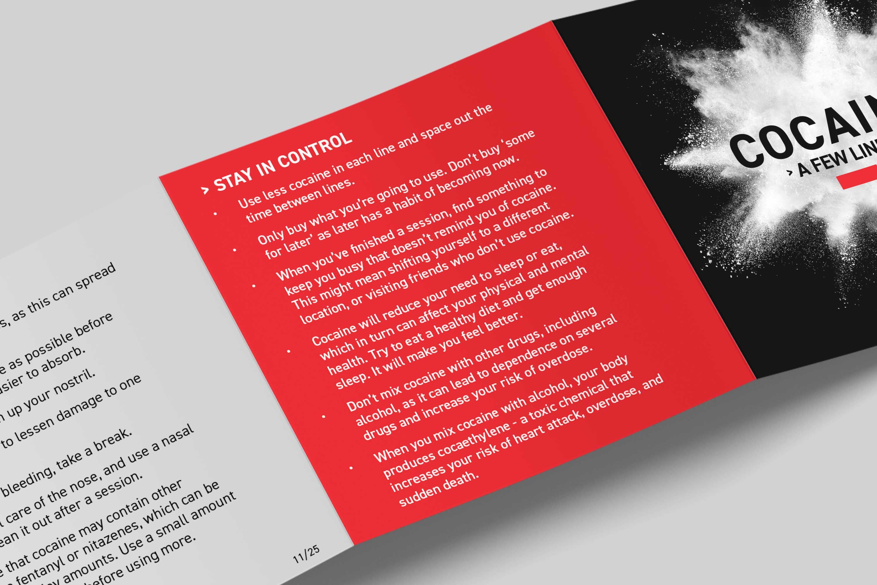 Cocaine use control strategies panel in red showing harm reduction advice and mixing drug dangers