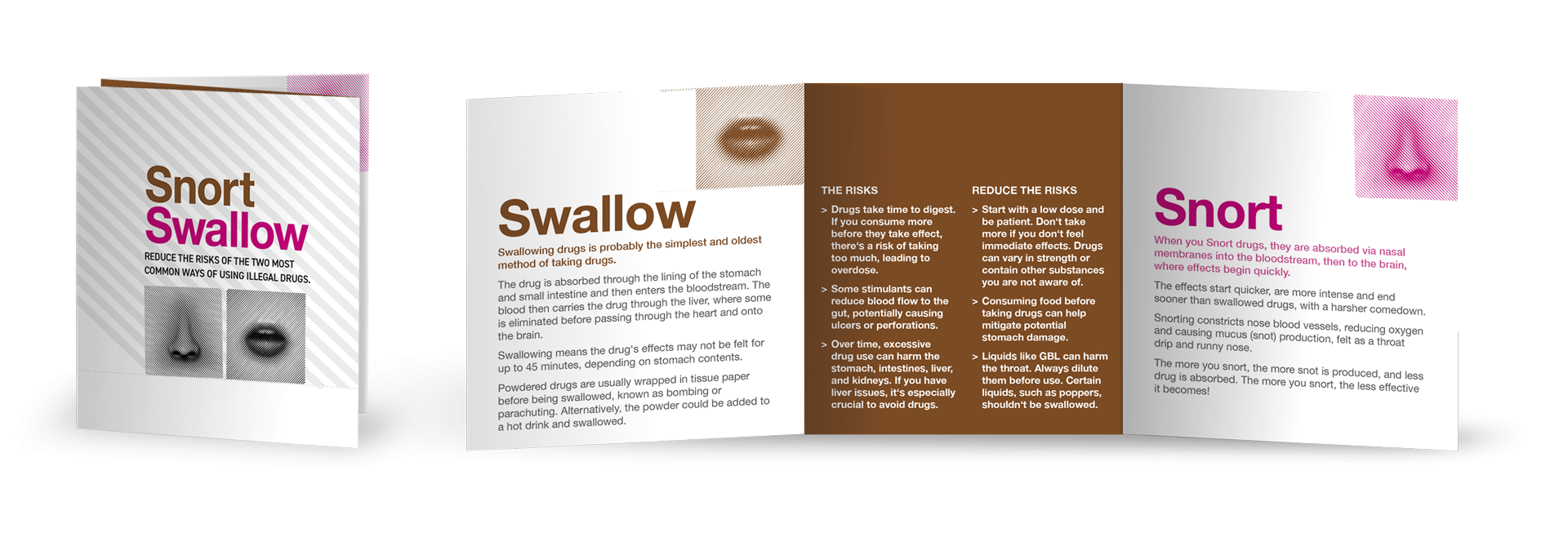Cover and inside pages of a substance misuse harm reduction leaflet about snorting and swallowing illegal drugs