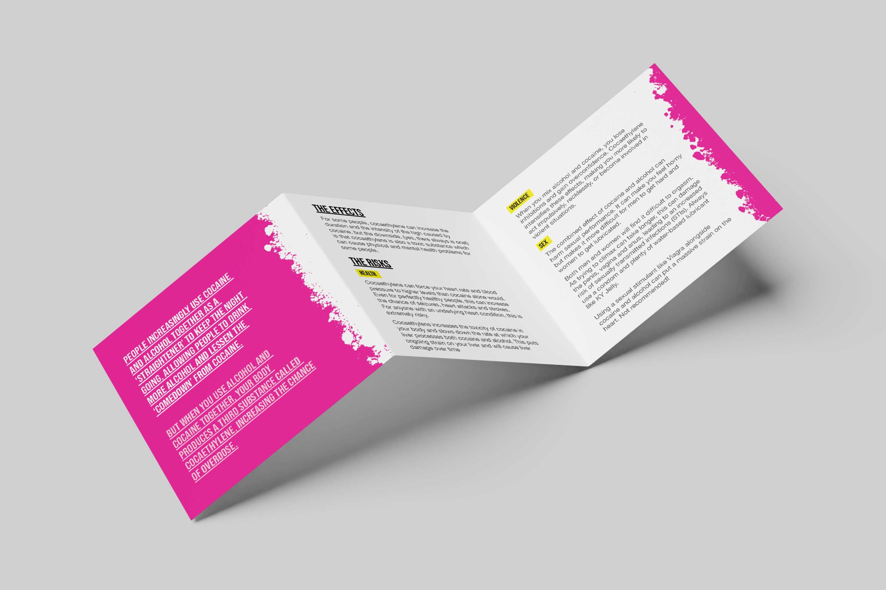 Harm reduction brochure inner pages showing effects and risks of mixing cocaine and alcohol with pink splatter design