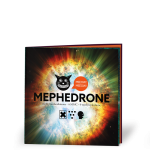 Cover of a Mephedrone drug advice booklet featuring hot sun behind an icon of a cats head with a speed bubble saying meow! Meow!