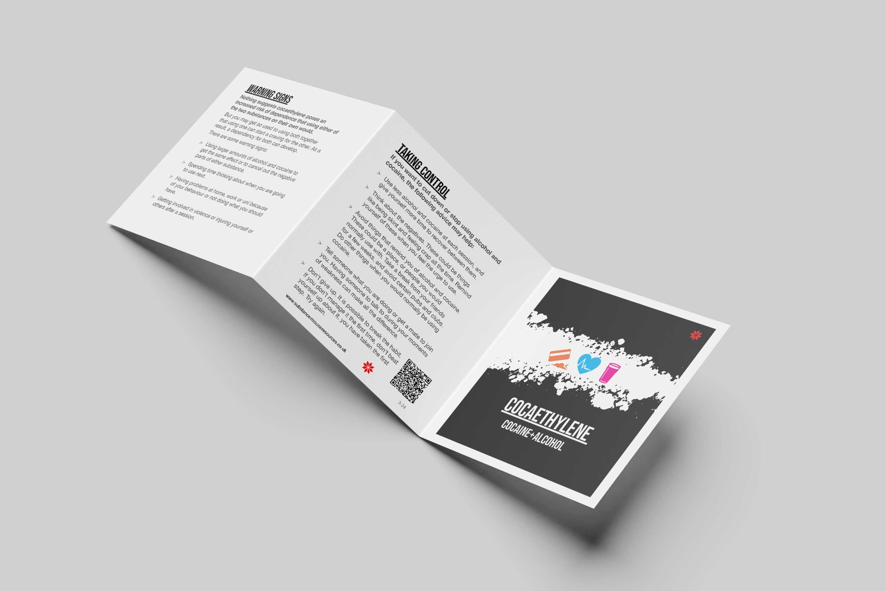 Cocaethylene information brochure open spread displaying warning signs and taking control sections with QR code