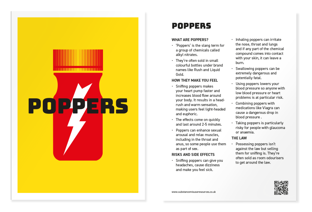 Poppers harm reduction leaflet – double-sided card with clear information on how poppers work, their effects, risks, and UK law.