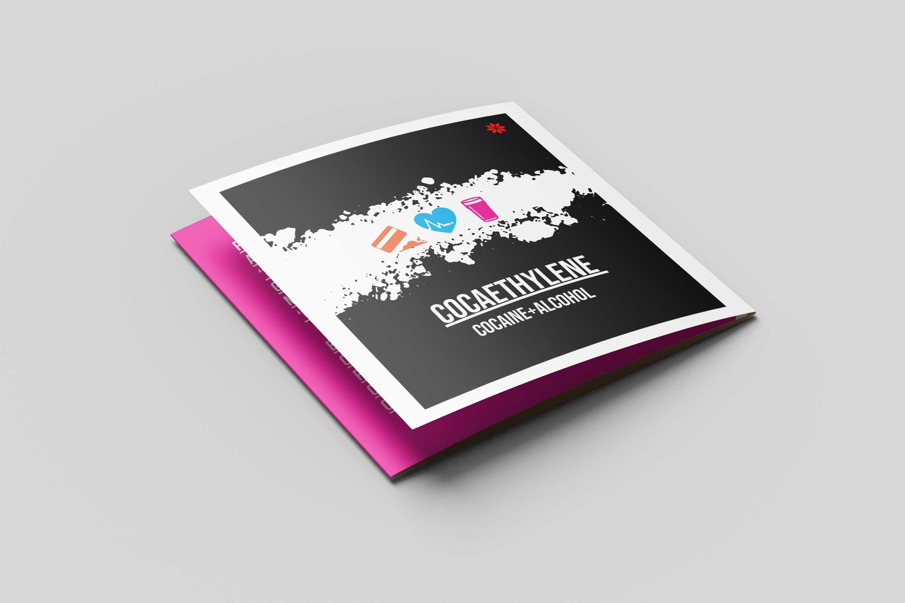 Cocaethylene harm-reduction brochure cover showing cocaine and alcohol combination information with pink and black design