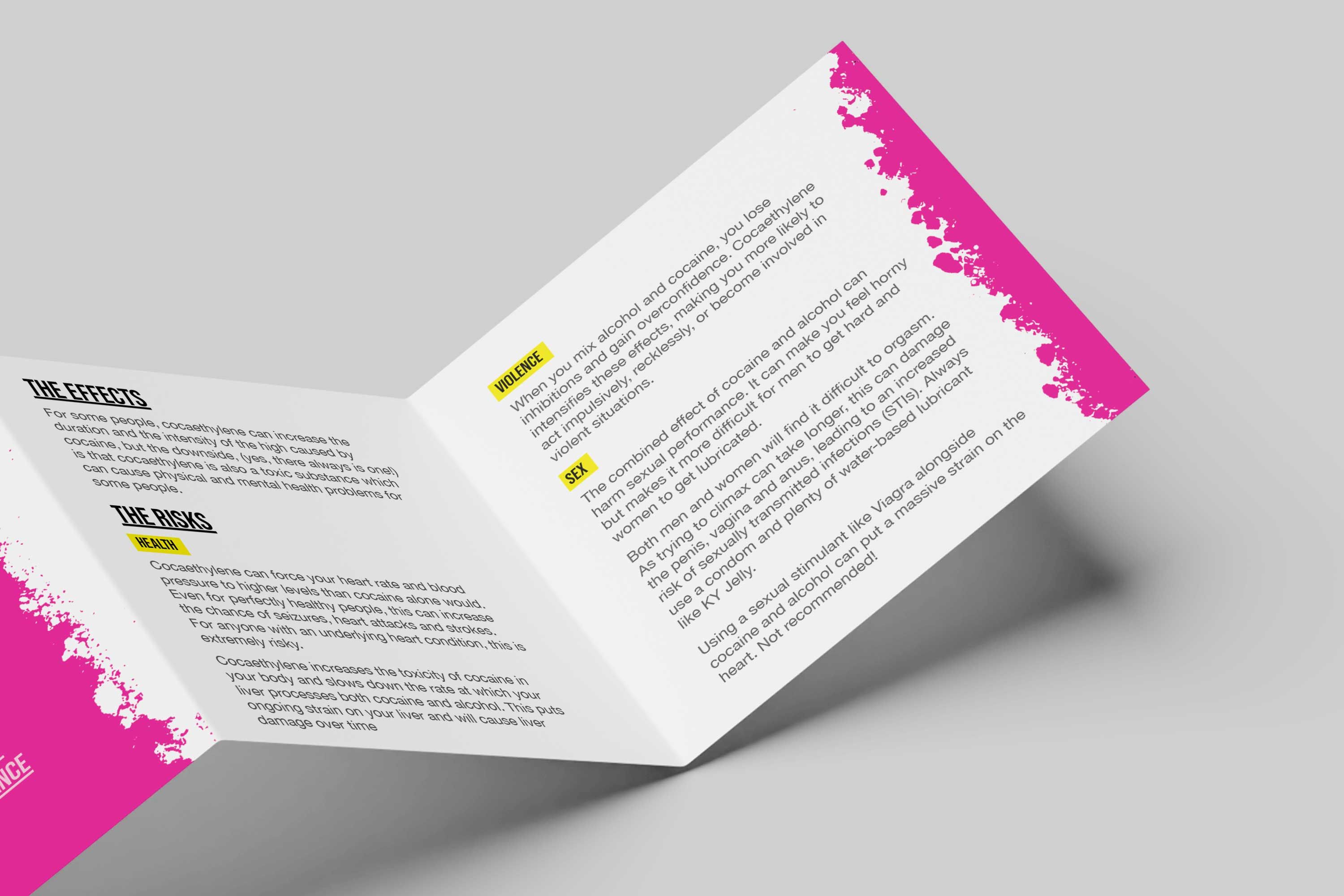 Harm reduction information brochure explaining violence and sexual health risks associated with cocaethylene use