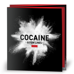 Cover of a folded cocaine leaflet showing cocaine powder on a black background and the word 'cocaine - a few lines'.
