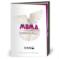 Cover of an MDMA/ecstasy harm reduction booklet, featuring a white dove with icons of ecstasy tablets and the wording MDMA - Powders and pills