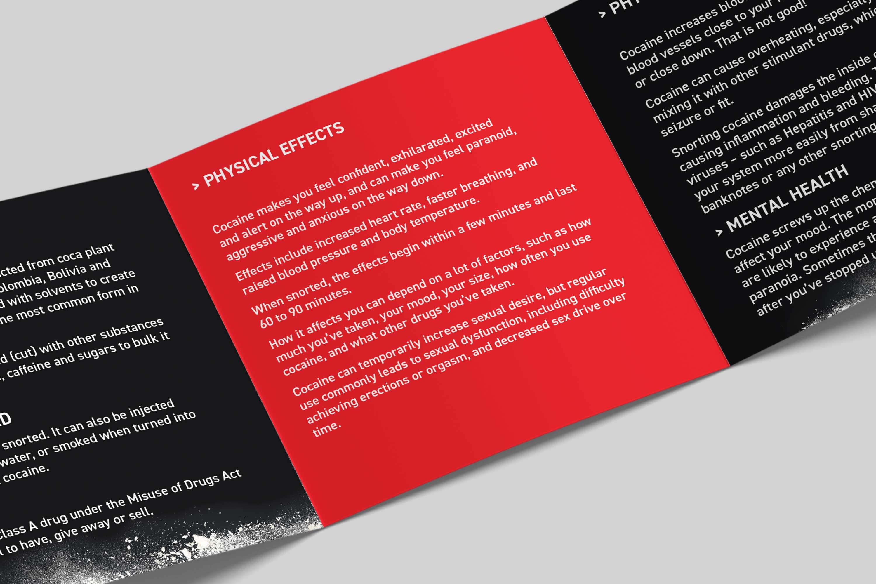 Physical effects of cocaine information panel in red showing health impacts and duration of effects
