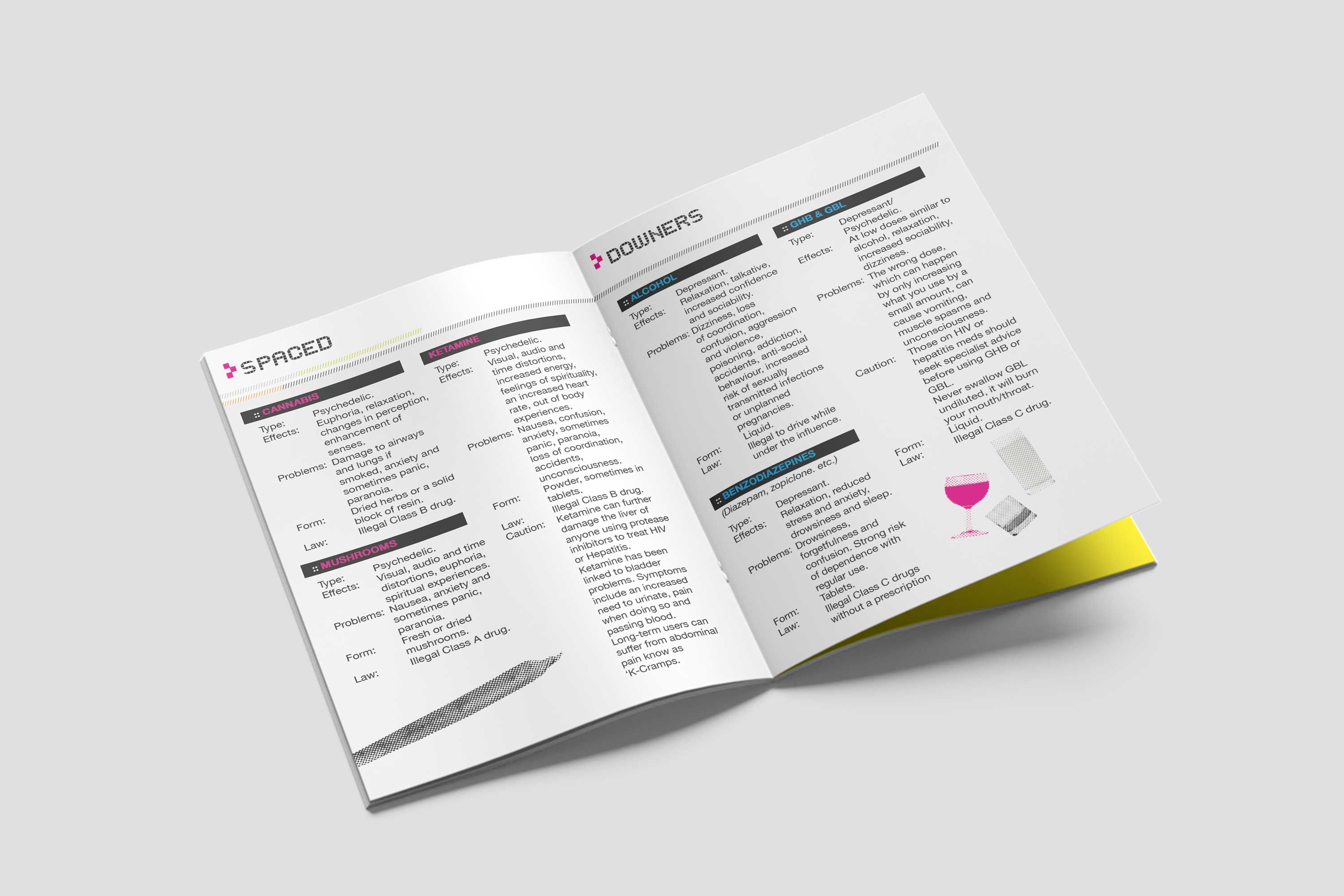 Clubber booklet pages detailing cannabis, mushrooms, ketamine, alcohol, GHB and benzodiazepines with effects, risks and legal information.