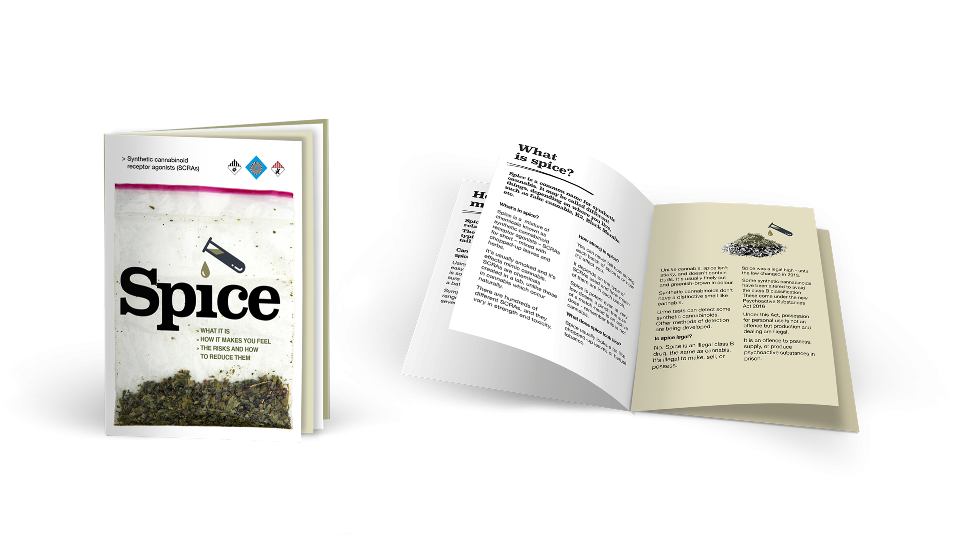 Spice drug information booklet - front cover design and inside pages
