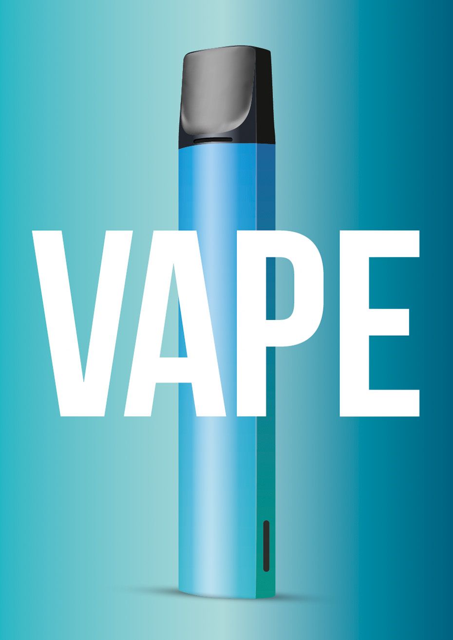 Front of vaping health information card showing an e-cigarette