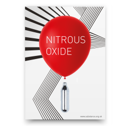 Nitrous oxide/laughing gas container with a red balloon, printed with the words nitrous oxide' coming out of the top printed on a drug education card