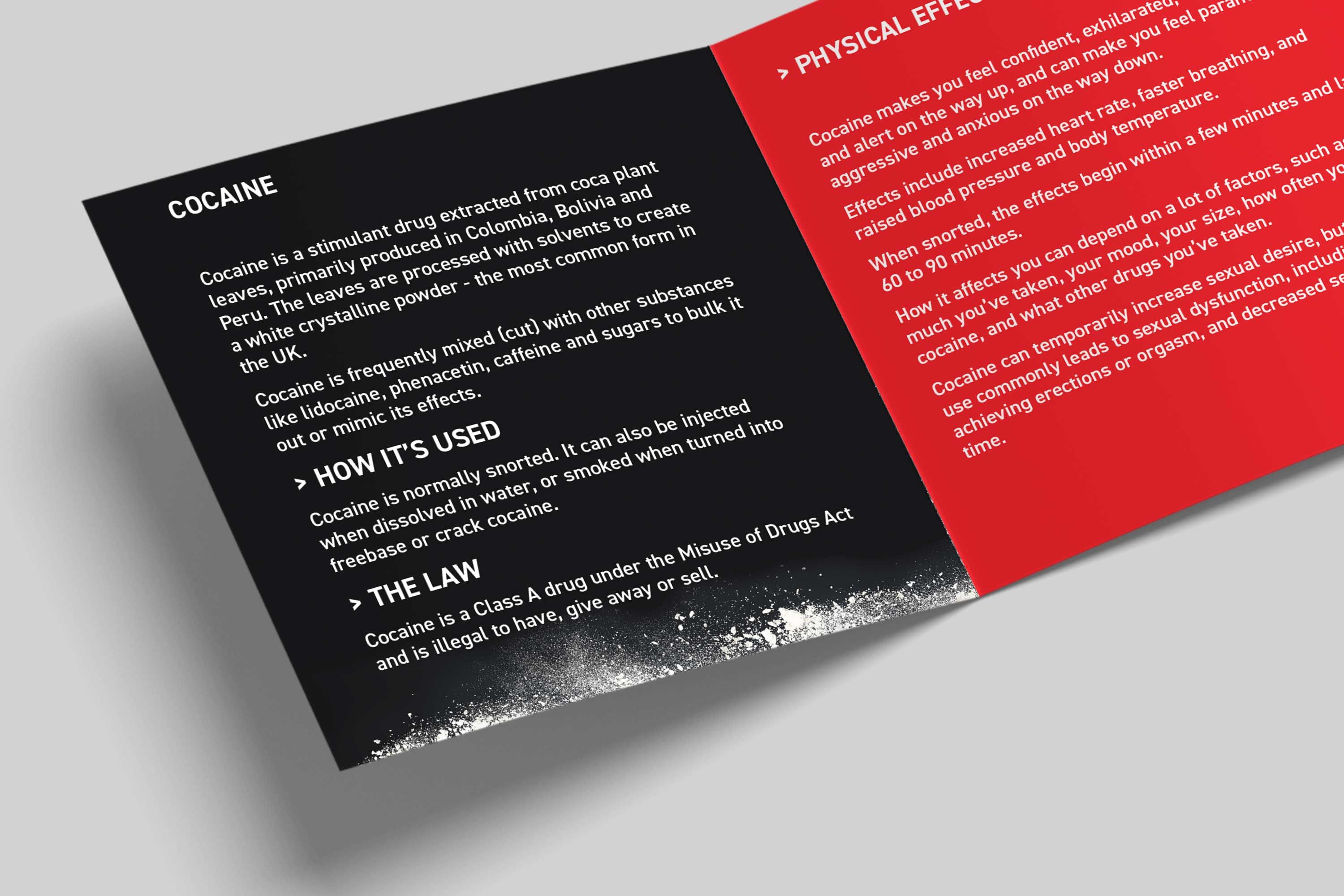 Cocaine facts panel showing drug information, usage methods, and UK legal status on black background