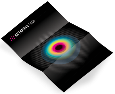 Front cover of a ketamine information leaflet showing a multi-coloured swirl design and the word 'ketamine FAQs' on a black background.
