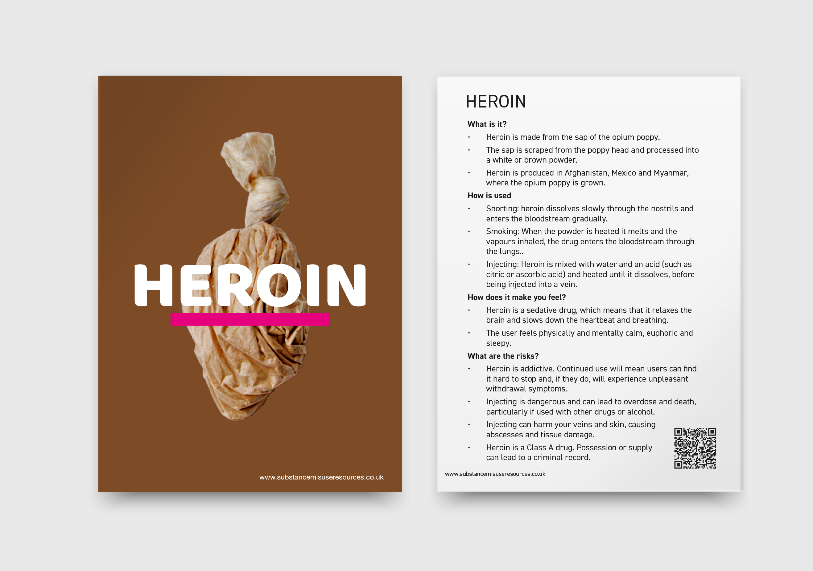 A6, postcard-style Heroin education resource. Bag of heroin on front and heroin information on reverse