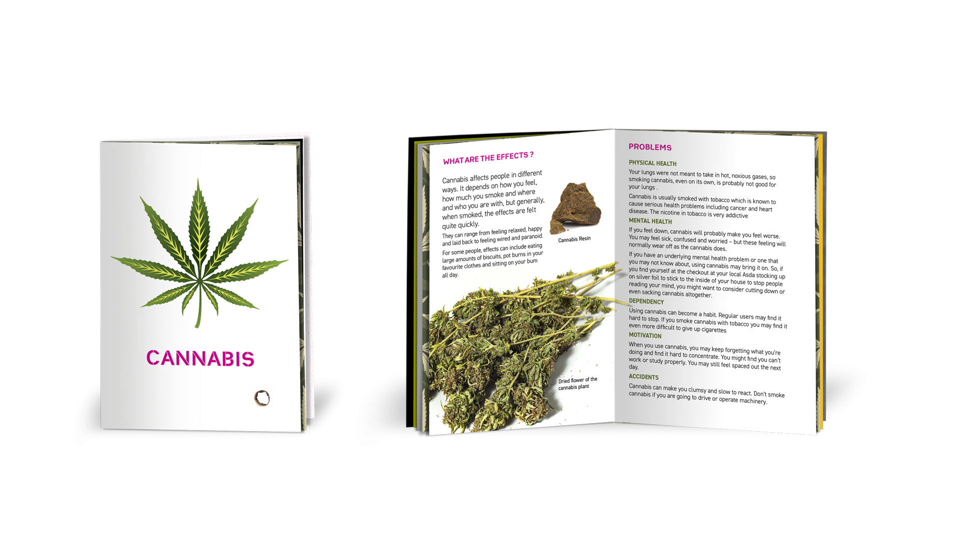 Cover and inside pages of a cannabis harm reduction booklet showing cannabis resin nd skunk cannabis