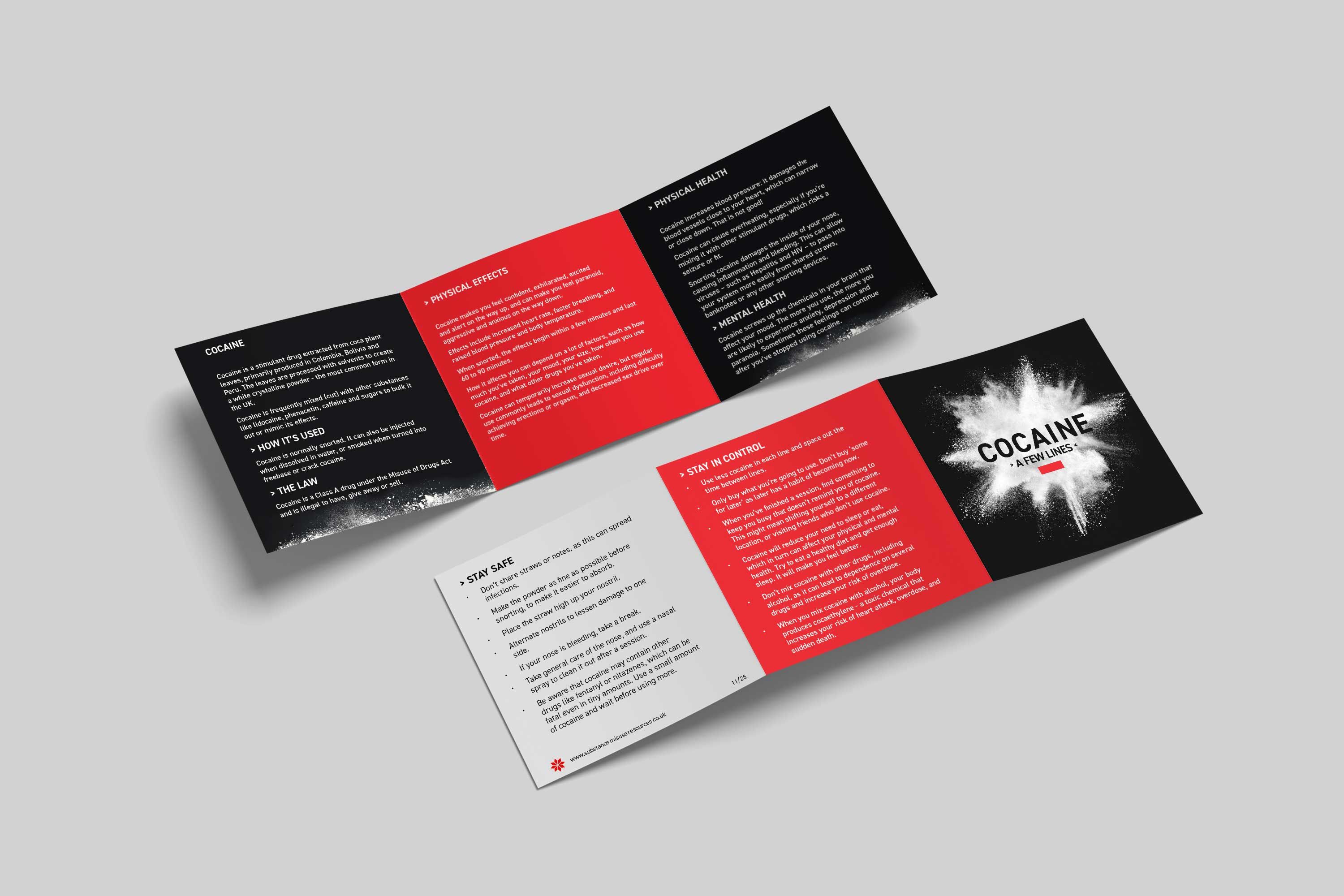 Cocaine information brochure open layout showing multiple panels with harm reduction content in black and red design