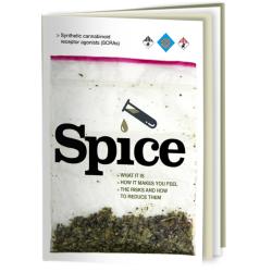 Cover of a spice drug information booklet. The word spice printed above an image of a pile spice