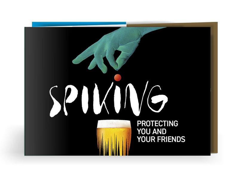 drink spiking leaflet cover, showing a hand putting an unknown drug into a drink of alcohol