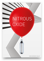 front and reverse of nitrous oxide health information card - shown a balloon and a nitrous oxide bulb