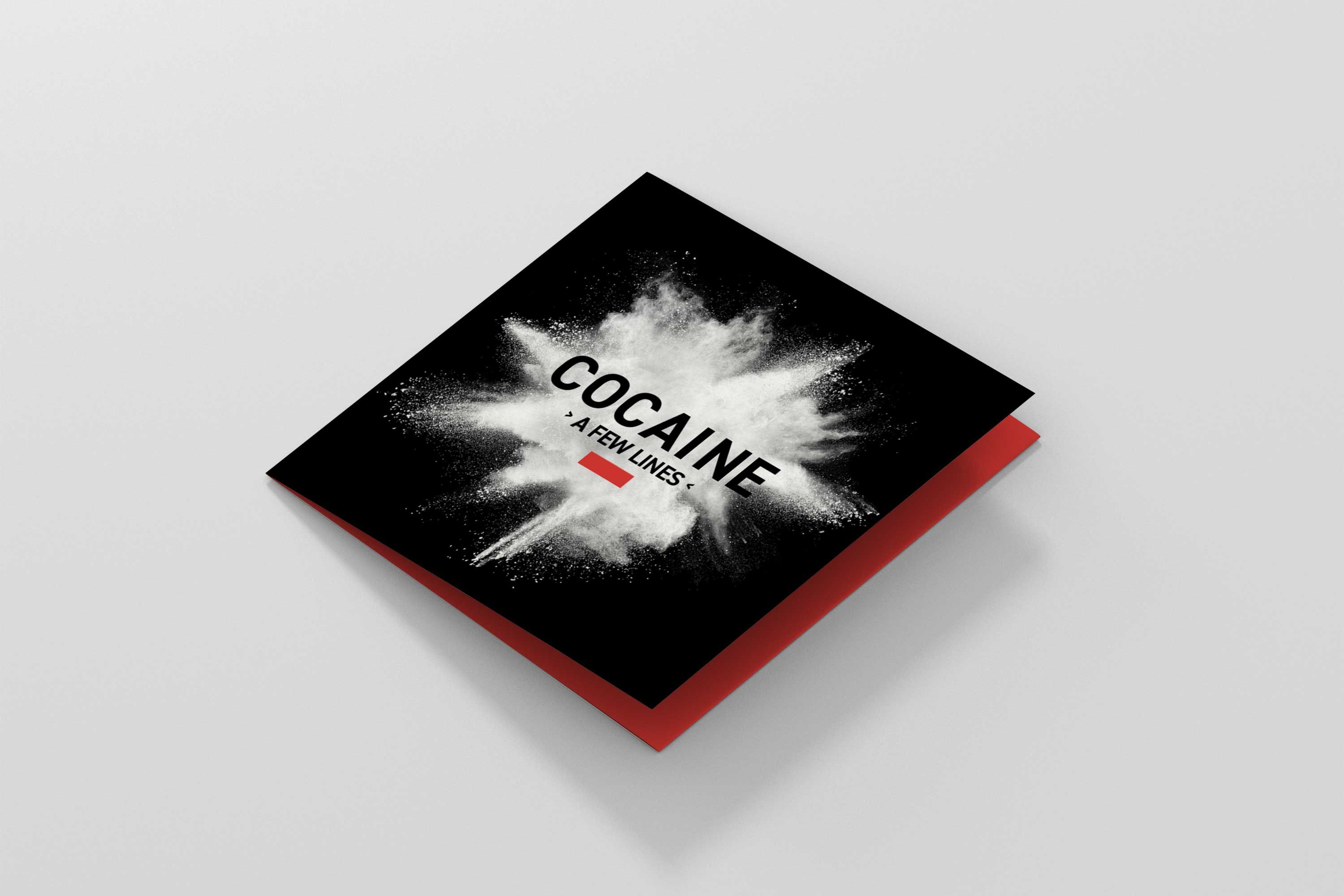 Cocaine harm reduction brochure cover with powder explosion design on black background with red accent