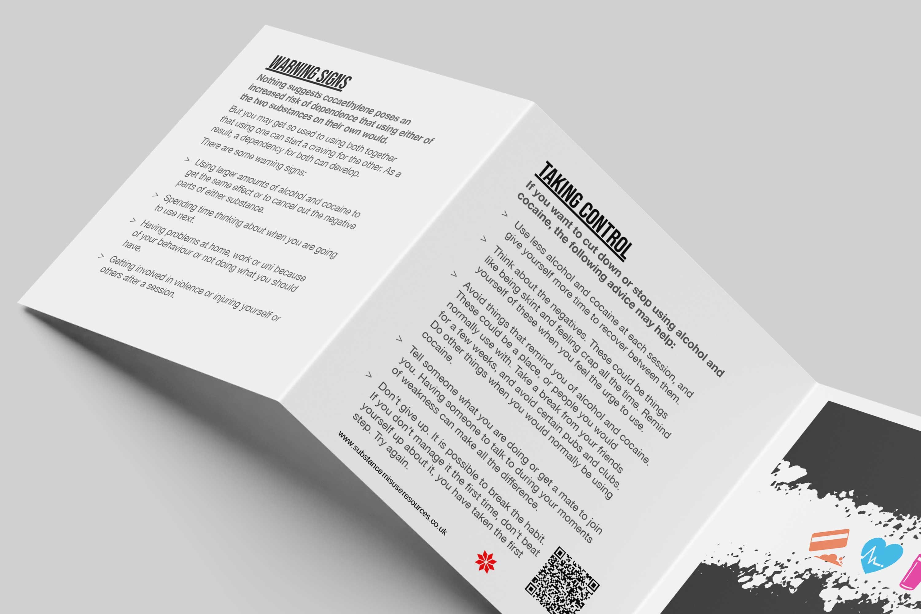 Drug safety brochure pages detailing warning signs and harm reduction strategies for cocaethylene use